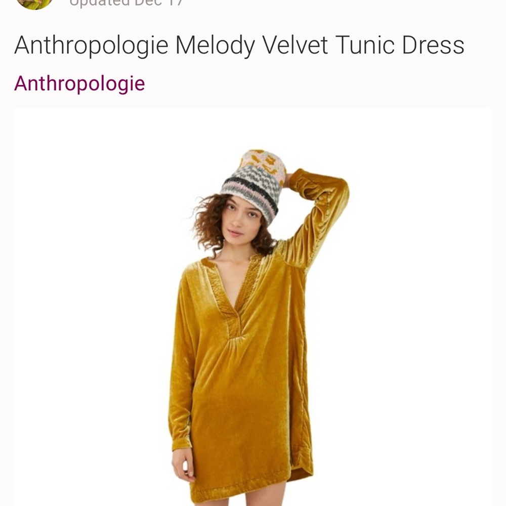 Anthropologie Melody Velvet Tunic Dress - Mustard Gold, size S